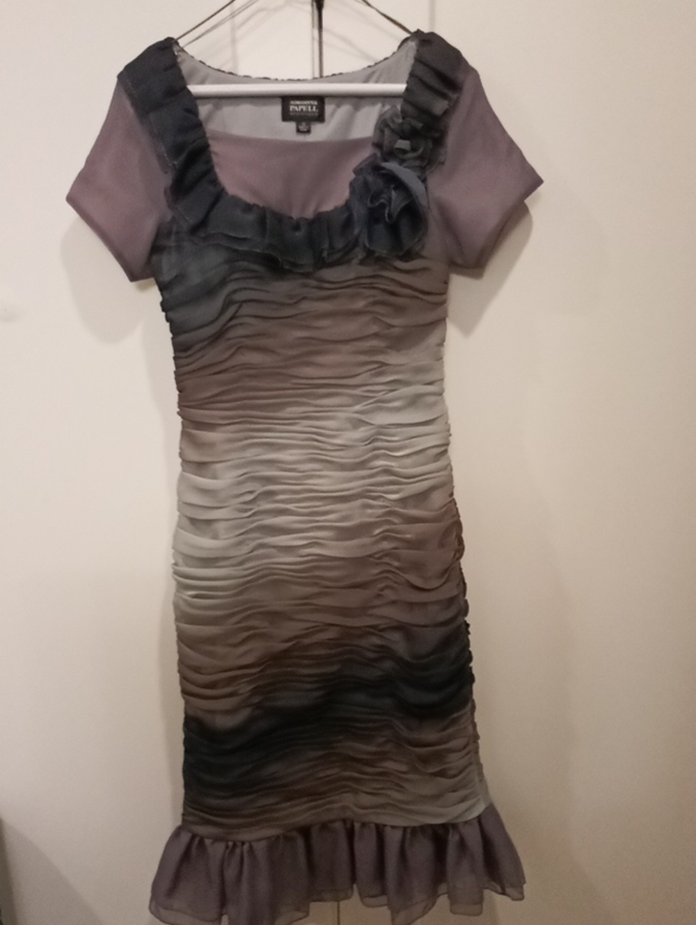 Adrianna Papell Boutique-Gorgeous Lavender-Gray- Mauve,Ombre Ruffle Midi Dress